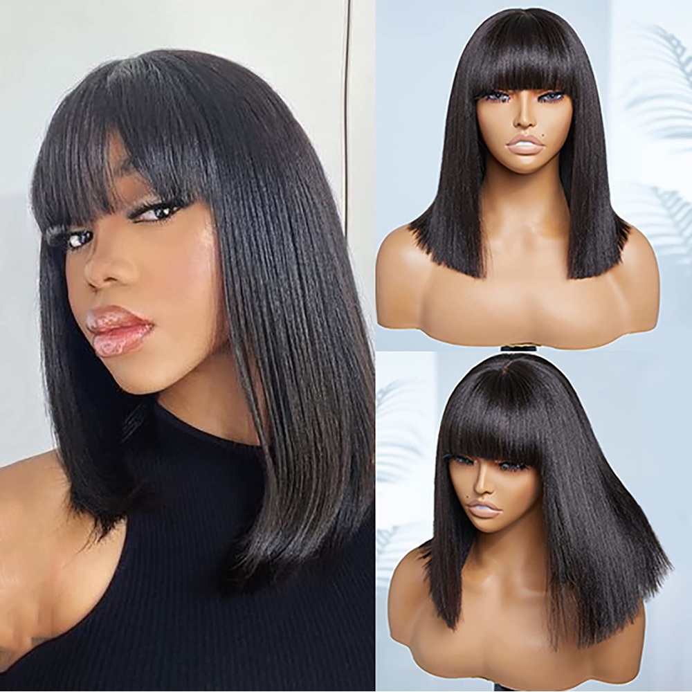 HUMAN HAIR Brazilian 10” Short Black Straight Bob Wig w/Bangs 2X1 HD Lace Scalp